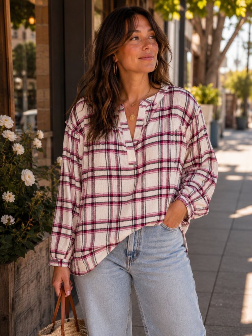 Lane Bryant Pink Plaid Peasant Blouse 3/4 Sleeve Size 18